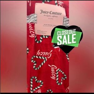Juicy Couture JC Plush Throw Red w/Green & White Striped Hearts 50x60 NEW NWT